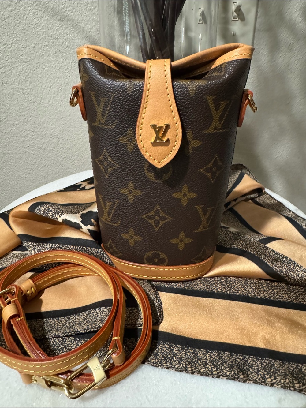 Louis Vuitton Monogram Bucket Crossbody in Brown and Tan Leather Trim